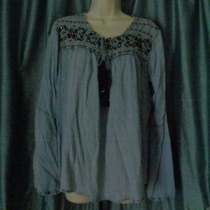 Miss Me Blue Tassel Boho Top Blouse Size Medium Pretty